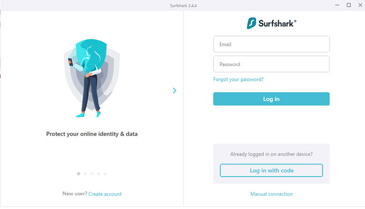 Surfshark VPN 的應用程式登入介面